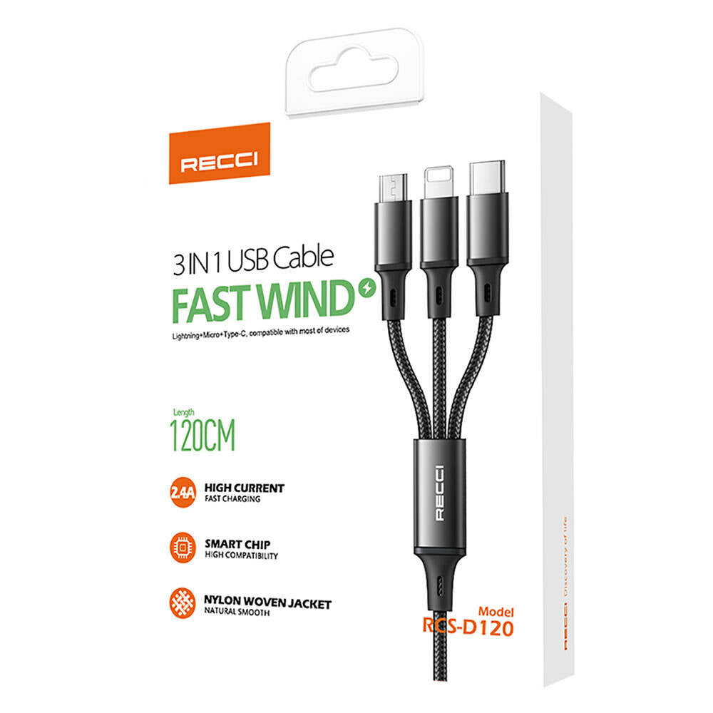 Recci RCS-D120 Fast Wind Serisi 3in1 USB-A to Lightning – Type-C – Micro Şarj ve Data Kablosu 1.2M Recci RCS-D120 Fast Wind Serisi 3in1 USB-A to Lightning – Type-C – Micro Şarj ve Data Kablosu 1.2M